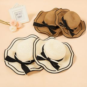 Big Bow Decor Wavy Edge Two Tone Straw Hat for Mom and Me
