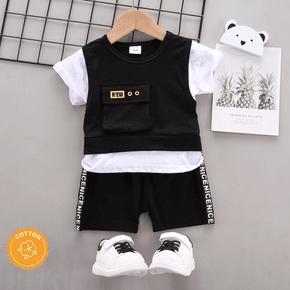 2pcs Baby Boy 95% Cotton Short-sleeve Faux-two Top and Letter Print Shorts Set