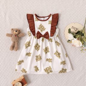 Dear Bear Toddler Girl Teddy Bear Allover Ruffle and Bow Decor Sleeveless Beige Tank Dress