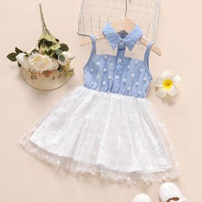 Blue Wind Toddler Girl Polka Dots Print Lapel Collar Mesh Layered Sleeveless Blue Dress