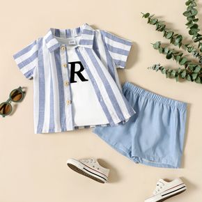 Ready For It Toddler Boy 3pcs Striped Short-sleeve Blue Shirts and Letter Print White Tank Top and Solid Shorts Set