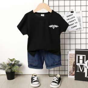 2pcs Toddler Boy Animal Print Short-sleeve Black Tee and Denim Shorts Set