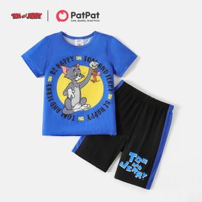 Tom and Jerry 2pcs Kid Boy Letter Print Blue Tee and Colorblock Elasticized Shorts Set