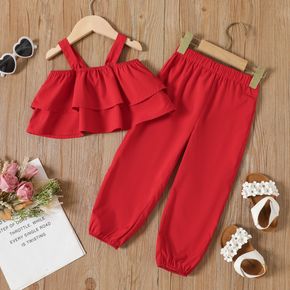 2pcs Toddler Girl Layered Red Camisole and Elasticized Pants Set