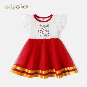 Harry Potter Baby Girl Flutter-sleeve Letter Print Splicing Red Mesh Dress