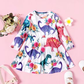 Toddler Girl Colorful Floral Dinosaur Print Long-sleeve Dress
