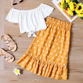 2pcs Kid Girl 100% Cotton Off Shoulder Tie Knot White Short-sleeve Tee and Polka dots Button Design Skirt Set