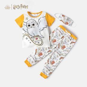 Harry Potter 3pcs Toddler Boy Owl Print Colorblock Short-sleeve Tee and Elasticized Pants Set