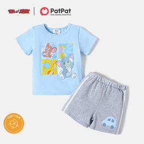 Tom and Jerry 2pcs Toddler Boy Short-sleeve Blue Cotton Tee and Striped Car Print Shorts Set