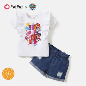 Paw Patrol 2pcs Toddler Girl Ruffled Letter Floral Print Short-sleeve White Cotton Tee and Ripped Denim Shorts Set