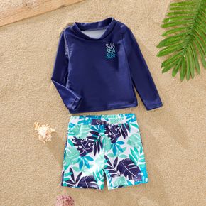 2pcs Toddler Boy Playful Letter Print Long-sleeve Top & Floral Print Shorts Swimsuit Set