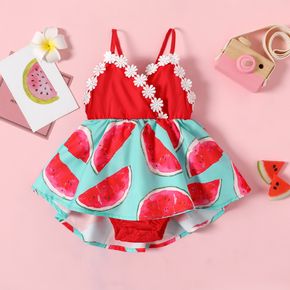 Baby Girl Red Watermelon Print 3D Floral Applique Cami Romper Dress