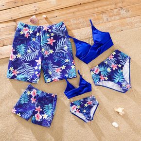 Family Matching Allover Plants Print & Solid V Neck Bikini Set Swimsuit and Swim Trunks Shorts