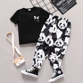 2pcs Toddler Boy Animal Panda Print Short-sleeve Black Tee and Elasticized Pants Set