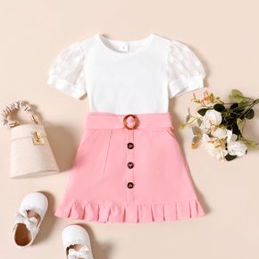 Mini Lady Toddler Girl 2pcs Ribbed Dots Mesh Short-sleeve White Top and Belt Decor Pink Skirt Set