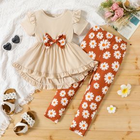 2pcs Toddler Girl Bowknot Design Ruffled High Low Short-sleeve Tee and Floral Print Leggings Set