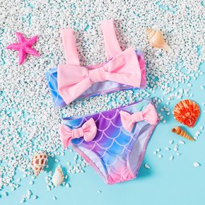 2pcs Baby Girl Bowknot Decor Mermaid Graphic Bikini Set Swimsuit