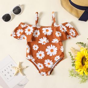 Baby Girl Allover Daisy Floral Print Spaghetti Strap Flounce Trim One-Piece Swimsuit