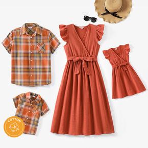 Family Matching 100% Cotton Crepe Solid V Neck Flutter Sleeve Dresses and Short-sleeve Plaid Shirts Sets