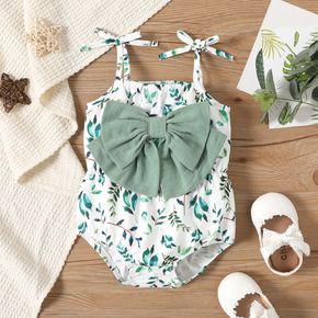 Baby Girl Bow Front Allover Green Leaf Print Cami Romper