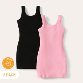 2-Pack Kid Girl Solid Color Ribbed Sleeveless Cotton Dress