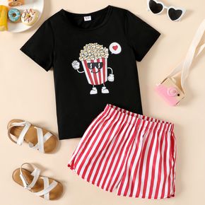 2pcs Kid Girl Food Print Short-sleeve Black Tee and Stripe Shorts Set