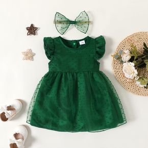 Dress Like Wind Baby Girl 2pcs Jacquard Dots Mesh Layered Flutter-sleeve Green Dress with Headband Set