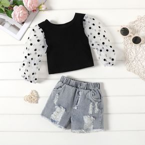 Mini Lady Baby Girl 2pcs Ribbed Polka Dots Mesh Splice Long-sleeve Top and Ripped Shorts Baby Set
