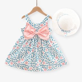 2pcs Toddler Girl Floral Print Bowknot Design Sleeveless Dress and Straw Hat Set