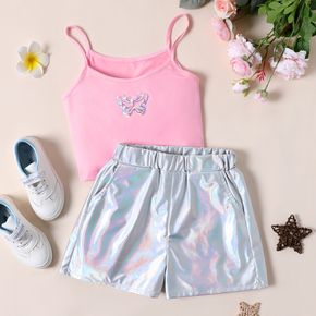 2pcs Kid Girl Butterfly Print Pink Camisole and Metallic Silver Shorts Set