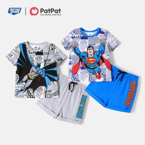 Justice League 2pcs Toddler Boy Colorblock Allover Print Short-sleeve Tee and Letter Print Cotton Shorts Set