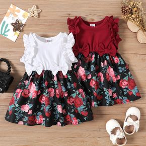 Baby Girl 95% Cotton Ruffle Trim Spliced Floral Print Tank Dress