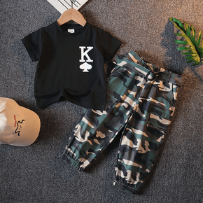 2pcs Toddler Boy Trendy Playing Card Print Tee and Camouflage Print Pants Set