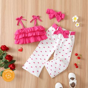 100% Cotton 3pcs Baby Girl Layered Cami Top and Allover Love Heart Print Belted Pants with Headband Set