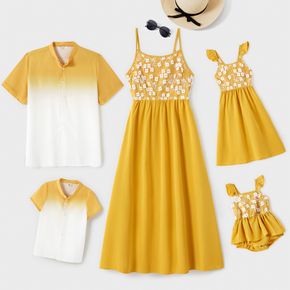 Family Matching Lace Splice Yellow Cami Dresses and Ombre Short-sleeve Shirts Sets