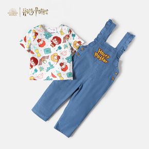 Harry Potter 2pcs Toddler Girl Allover Print Short-sleeve Tee and Ruffled Letter Print 100% Cotton Denim Overalls Set