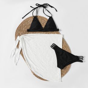 Maternity Black Halter Triangle Thong Bikini Swimsuit / Maternity White Schiffy Wrap Knot Cover-Up Skirt