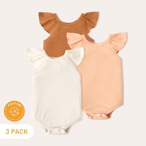 3pcs Baby Girl Solid Ribbed Flutter-sleeve Rompers Set