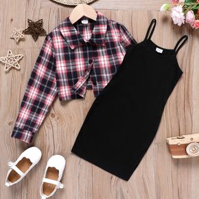2pcs Kid Girl Black Slip Dress and Lapel Collar Plaid Long-sleeve Shirt Cardigan Set