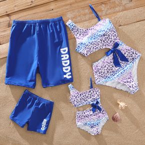 Family Matching Colorful Leopard One Shoulder Cut Out One-Piece Swimsuit and Letter Print Swim Trunks Shorts