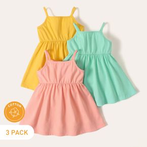 3pcs Baby Girl 95% Cotton Spaghetti Strap Sleeveless Solid Dresses Set