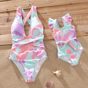 Mommy and Me Tie Dye V Neck Self Tie One-Piece Swimsuit