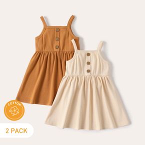2-Pack Baby Girl Button Design Solid Ribbed Cami Dresses Set