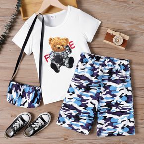 2pcs Kid Boy Animal Bear Print Short-sleeve White Tee and Camouflage Print Shorts Set
