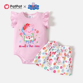 Peppa Pig 2pcs Baby Girl Pink Flutter-sleeve Graphic Romper and Allover Print Bow Front Skirt Set