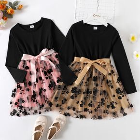 Kid Girl Floral Embroidered Belted Mesh Splice Long-sleeve Dress