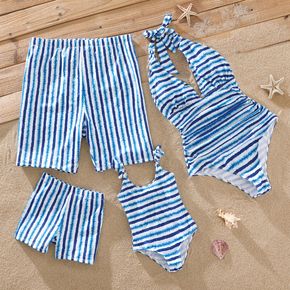 Family Matching Tie Dye Striped Halter One-Piece Swimsuit and Swim Trunks Shorts