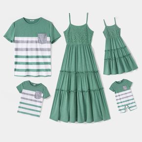Family Matching Green Lace Splice Lettuce Trim Cami Dresses and Striped Short-sleeve T-shirts Sets