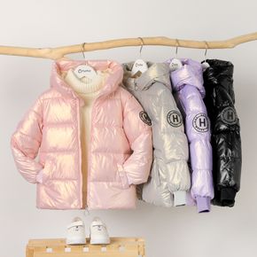 Kid Girl Letter Print Metallic Zipper Hooded Puffer Down Coat