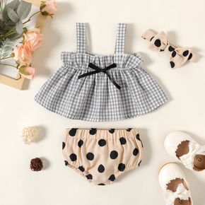 Touch The Clouds Baby Girl 3pcs Plaid Sleeveless Top and Polka Dots Shorts with Headband Set